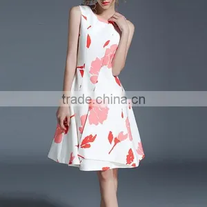 A-line One-piece Printed Leaf Pattern White Retro Dress thumbnail-2