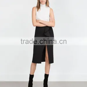 Black Frill Pencil Midi Skirt With Front Split /Bulk Wholesale Clothing Factories thumbnail-1