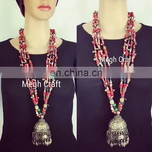 Vintage Pearl Baeded Jewelry- Indian Designer Tribal Fusion Jhumar Necklace- Afghani Old Coin NECKLACE- thumbnail-1