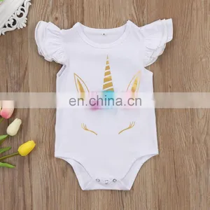 Boutique Soft Newborn Cotton Romper Unicorn Printed White Baby Romper thumbnail-2