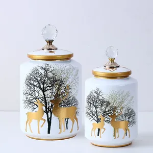 European Simple Style Deer and Tree Gilded Painting Ceramic Flowers Vases With a Crystal Lid For Office thumbnail-4