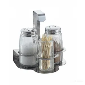 Glass Salt Pepper Toothpick Condiment Set With Stainless Steel Rack thumbnail-4