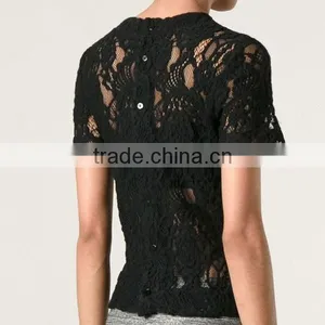 Ladies Formal/office Wear Elegant Transparent Short Sleeve Sexy Black Lace Blouse thumbnail-5