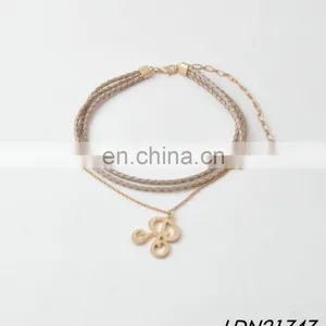 Layered Brown Handknitted Leather Necklace Jewelry Initial Pendant Gold Necklace Sets thumbnail-2
