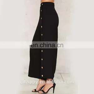 Wide Leg Palazzo Women's Pants With Gold Button Closure thumbnail-2