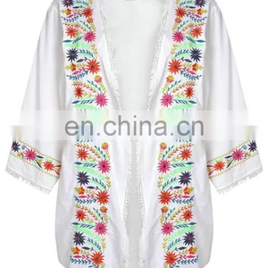 BRIGHT EMBROIDERED KIMONO Latest Beach Kimono Soft Cotton Fabric Embroidered Kimono With Fringed Hem thumbnail-3