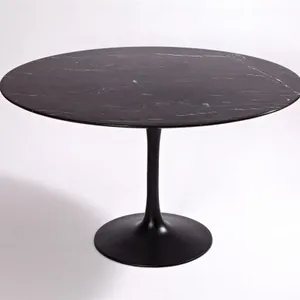 Eero Saarinen Modern Tulip Style Black Kitchen White Marble Top Round Dining Table and Chairs thumbnail-1
