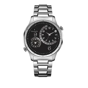 Stainless Steel Case Man Watches Genuine Leather Dual Time Quartz Watch thumbnail-1