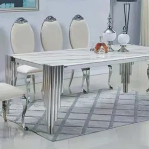 High Quality Marble Top Dining Room Table Indoor Dining Table Modern Home Furniture Metal Stainless Steel thumbnail-3