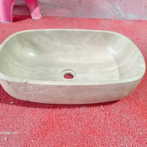 Natural Modern Travertine Marble Stone Rectangle Shape Polished Countertop Hand Wash Sink Custom Size for Bathroom Hotel Villa thumbnail-4