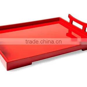 High Quality Best Selling Red Lacquered Designed Serving Rectangle Tray With Special Handle thumbnail-1