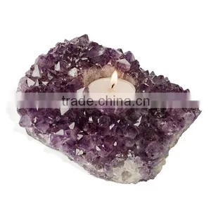 Natural Amethyst Cluster Pillar Candle Holder (aprox Size 4.5" x 8") thumbnail-1