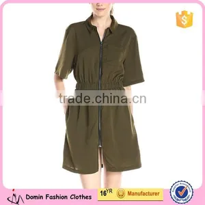 Made in China 100% Polyester Elasticated Waist Women's Zip Front With Collar Short Sleeve Shirt Dress thumbnail-1