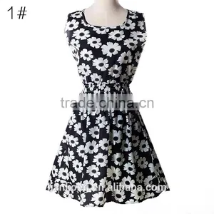 2015 Spring Summer New Korean Style Women Clothing Casual Bohemian Floral Leopard Sleeveless Vest Printed Beach Chiffon Dress thumbnail-2