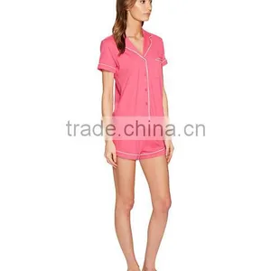 Pink Short Pyjamas Set Contrast Piping New York Pajamas Sleepwear Clothing Short Sleeves And Short Pants Shirttail Hem Nightwear thumbnail-5