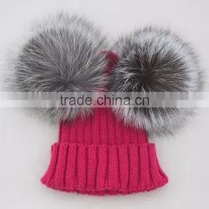 Myfur Lavender Adults Kids Size Customized Double Silver Fox Fur Pom Poms Winter Knit Hat thumbnail-6
