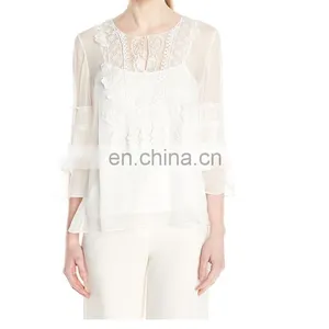 Cheap Fashion High Quality Scoop Neck Chiffon Ladieslong Sleeve Shirt Wholesale thumbnail-2