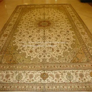 9x12ft/274x366cm Beige Color Hand Knotted Silk Persian for Sitting Room thumbnail-1