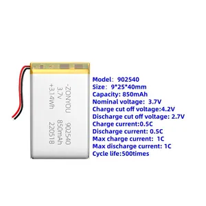 Wholesale High-Performance 902540 Pouch Cell Battery 850mAh LiCoO2 Cathode 500 Cycles for Consumer Electronics Power Tools Fans thumbnail-1
