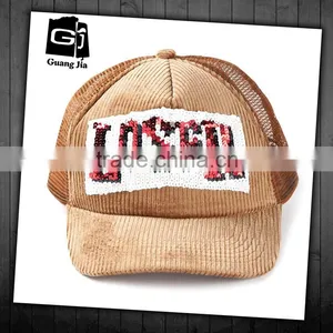 New Design Sequins Curved Bill Hat Custom 5 Panel Corduroy Trucker Cap thumbnail-1