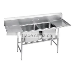 Freestanding Restaurant Kitchen 2 Two Compartment Commercial Stainless Steel Sink With Two Drainboard thumbnail-6