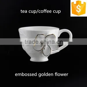Elegant Embossed Gold Rim Flower Ceramic Tea Cup 200cc Round Shape Bone China Coffee Cup thumbnail-1