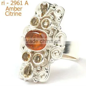 925 Sterling Silver Citrine & Amber Ring thumbnail-1