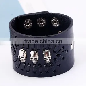 Fashion Wide Cool Rock Men Woman Soft Wrap Genuine Leather Skull Bracelet thumbnail-2