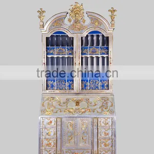 Gold Gilding Wooden Curio Cabinets With Flowers Paint Motif, Antique Silver Finish Secretary Cabinet With Drop Front Desk thumbnail-1