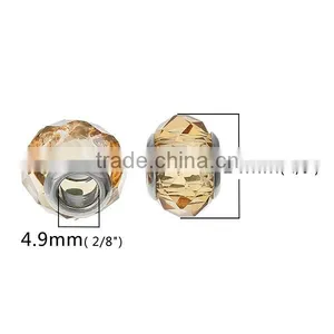 Lampwork Glass European Style Large Hole Beads Round Faceted Champagne Transparent With 304 Stainless Steel Silver Tone Core thumbnail-2