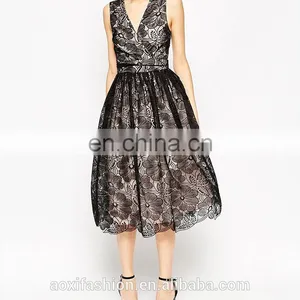 2016 Latest Style Organza Cut-out Back V-neckline Fashion Floral Lace Midi Prom Dress thumbnail-5