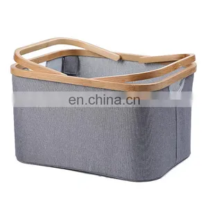 Collapsible Rectangular Oxford Cloth Clothes Storage Toy Storage Box Laundry Basket With Bamboo Handle thumbnail-1