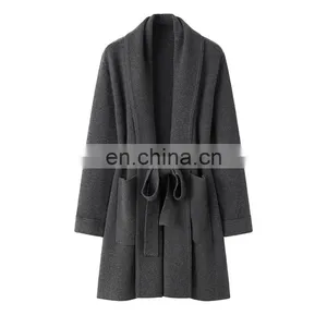 100% Knitted Mid-Length Cashmere Sweater Cardigan Inner Mongolia Plus Size Coats Front Logo Solid Pattern Winter Season Pocket thumbnail-1