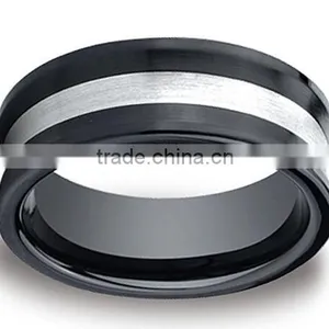 Ceramic 8mm Comfort-Fit Satin-Finished Concave Silver Inlay Design Ring thumbnail-1
