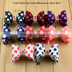 7cm Polka Dot Satin Rhinestone Hair Bow Wholesael, Printed Hair Bow thumbnail-1