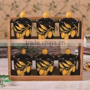 Black Ceramic 6 PCs Kitchen Spice Canisters With Bamboo Stand thumbnail-1