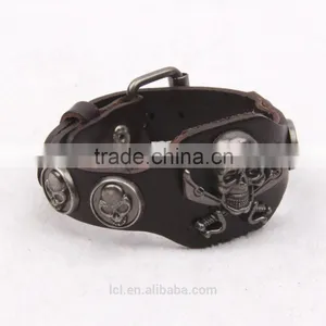 New Trend Fashion Jewelry Top Popular Punk Skull Head Leather Bracelet for Man Hip Pop 2015 China Yiwu thumbnail-1