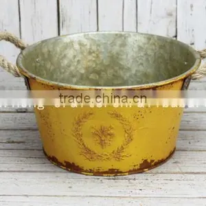Shabby Chic /vintage Metal Flower Bucket With Linen Handle thumbnail-1