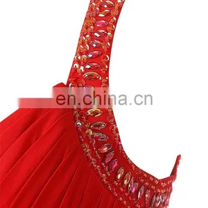 Red Spaghetti Strap Chiffon Long Evening Party Gowns 2016 A-line Criss Cross Strap Back Prom Dress With Crystals Sequined thumbnail-4