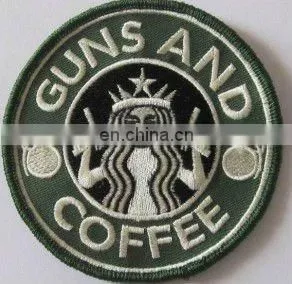 Trade Assurance Professionally Custom GUNS and COFFEE Merrowed/overlock Embroidery Patch, Velc Backing Embroidered Badge thumbnail-1