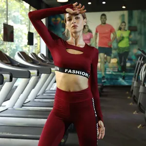 YOGA Women Active Wear Fashion Sports Athleisure Clothing Fitness Gym Suits Long Sleeve Crop Top Yoga Sets Clothes thumbnail-3