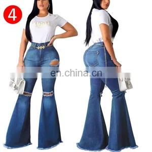 Women Denim High Waist Flare Pants Boyfriend Ripped Jeans Lady Skinny Bell Bottom Jeans Pant Wide Leg Mom Jeans Plus Size thumbnail-4