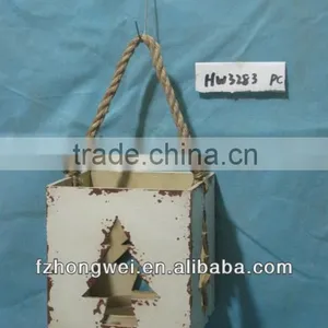 Hongwei Handmade Antique White Wooden Hanging Lantern/Candle Lantern With Hemp Rope Handle for Home&Garden Decor,Durable thumbnail-1