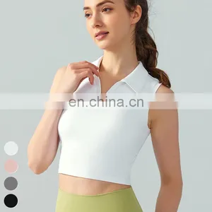 Custom Logo Fixed Pad Vest Slim Thin Breathable Fitness Running Crop Tops Lapel Sleeveless Sports Top Yoga Tank Top For Women thumbnail-2