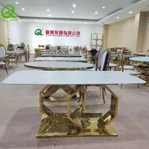 New Modern Dubai Square Marble Top Dining Table With Luxury Golden Stainless Steel Base Marble Dining Table thumbnail-3