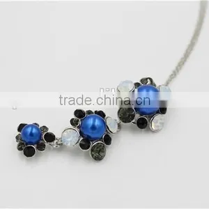 Popular Blue 3 Flowers Pendant Necklace Fancy Necklace and Earring Fashion Jewelry Set thumbnail-4