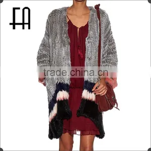 Factory Direct Wholesale Price Lady's Color-block Rabbit Knitted Fur Jacket /rabbit Knitted Fur Coat thumbnail-1