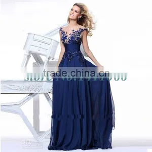 Actual Pictures! Stock 2015 Blue Charming Elegant Chiffon Appliques Natural Long Prom Dresses for Party New Arrival thumbnail-1