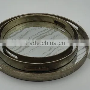 Antique Painted Round Wooden Mirror Tray With 2 Colors thumbnail-1