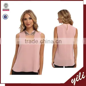 2015 Women's Chiffon Sleeveless Blouse Beaded v Neck Designs Tops for Ladies thumbnail-1